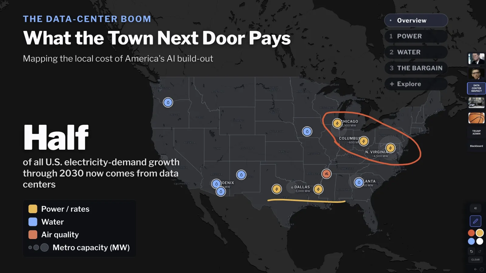 A Leporello interactive touchscreen graphic mapping the local power and water cost of U.S. data centers, with live on-air presenter annotations
